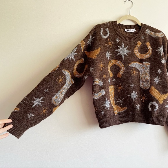 ZARA Western Cowboy Boot Nashville Horseshoe Sweater Brown Metallic Jacquard S - Picture 4 of 11